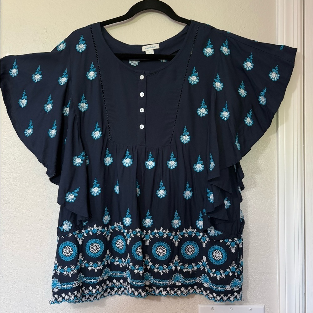 Sundance Viscose Navy Top w/ Embroidered Flowers, Button Front, Flutter Sleeves.